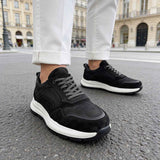 Men's black leather lace-up low-top sneakers with white rubber midsole