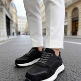 Men's black leather lace-up low-top sneakers with white rubber sole