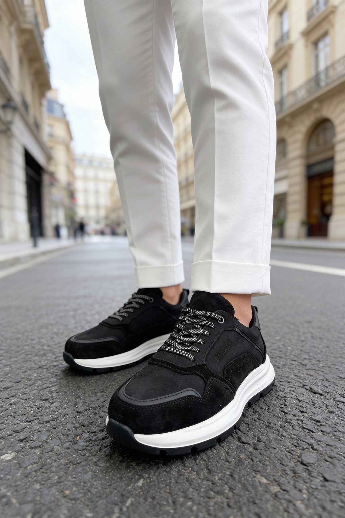 Men's black leather lace-up low-top sneakers with white rubber sole