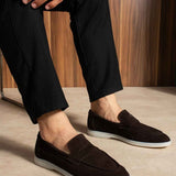 Men's genuine leather loafers, dark brown slip-on with white rubber sole.