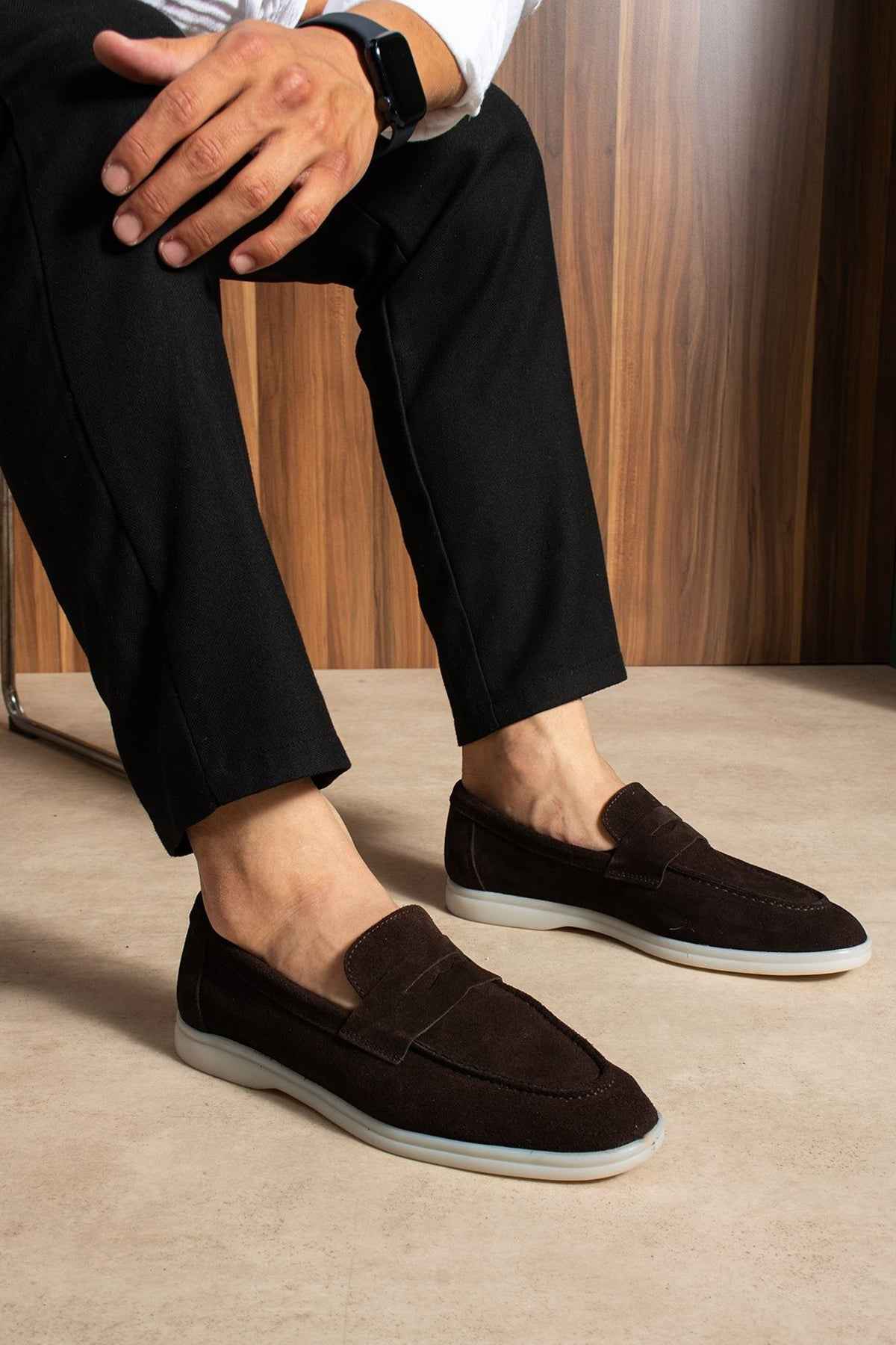 Men's genuine leather loafers, dark brown slip-on with white rubber sole.