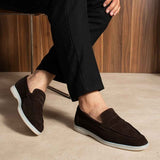 Men's genuine leather loafers, dark brown slip-on shoes with white soles.