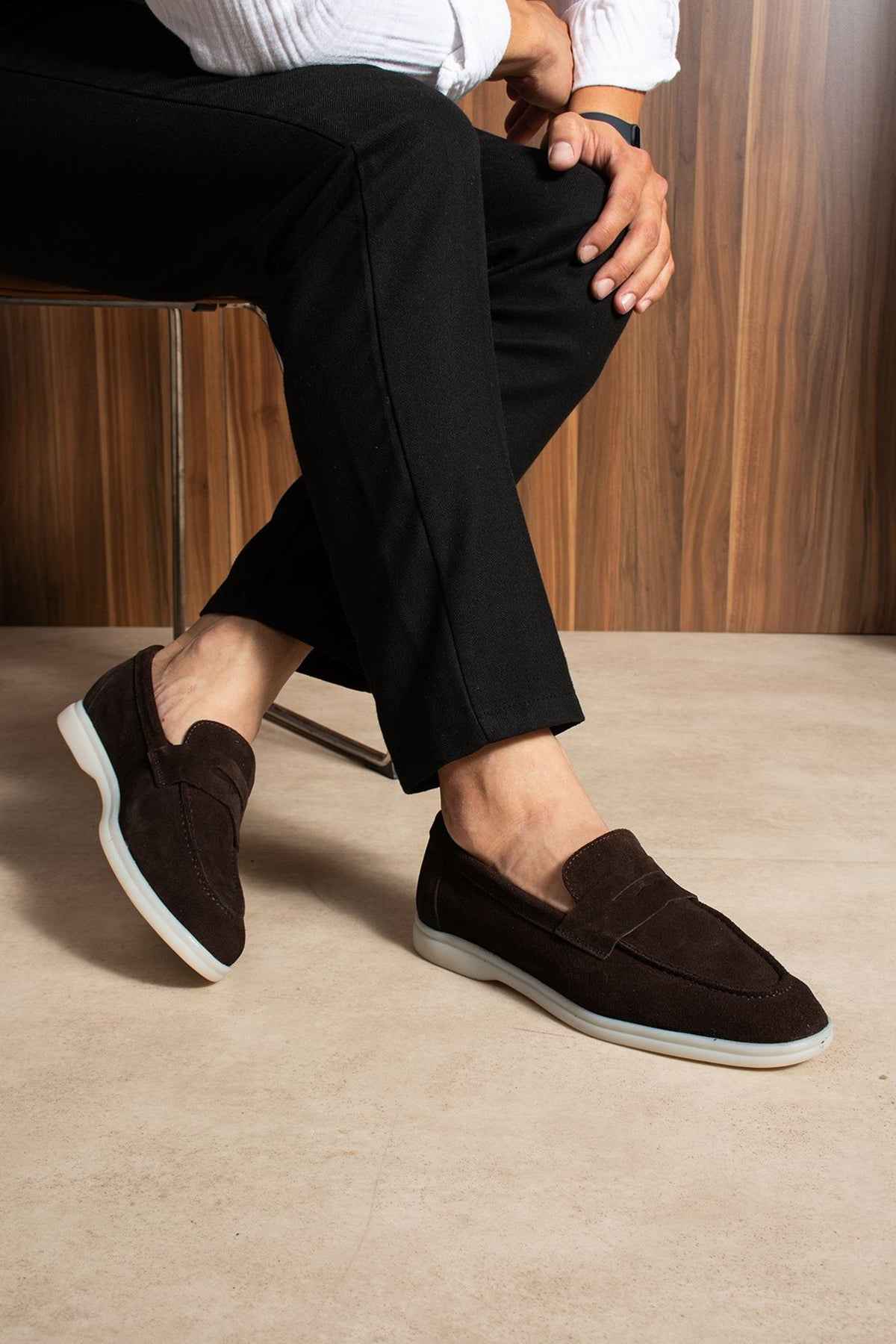 Men's genuine leather loafers, dark brown slip-on shoes with white soles.