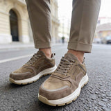 Brown genuine leather sneakers, low-top with lace-up and white rubber sole
