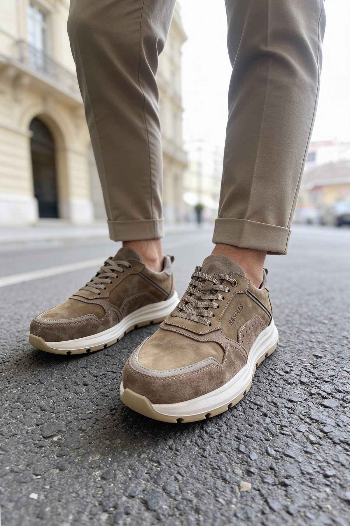 Brown genuine leather sneakers, low-top with lace-up and white rubber sole