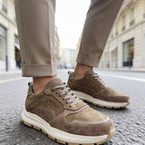 Brown leather sneakers with lace-up low profile and white sole