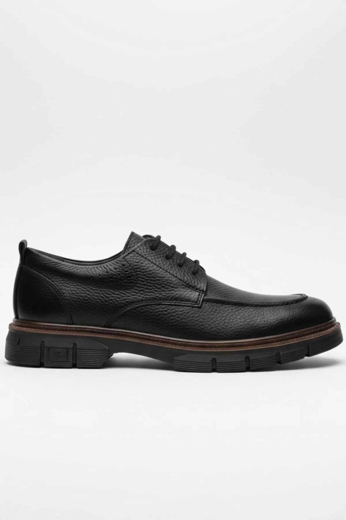 Men's LUASS leather lace-up classic shoes in black, textured upper and rubber sole