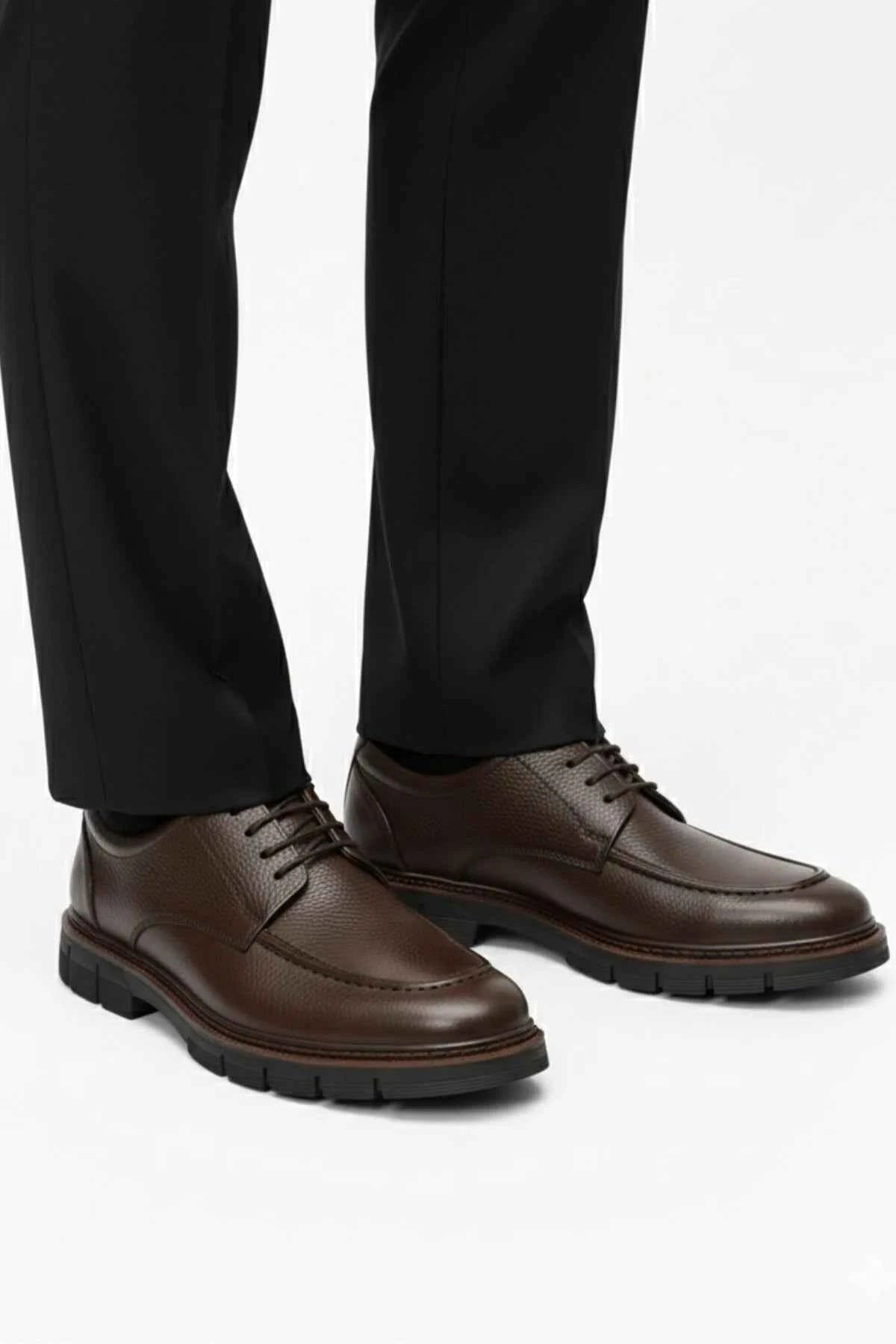 Men's LUASS brown leather lace-up shoes with chunky rubber tread soles