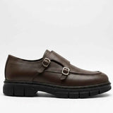 Brown leather double-buckle loafer with rounded toe and chunky black sole