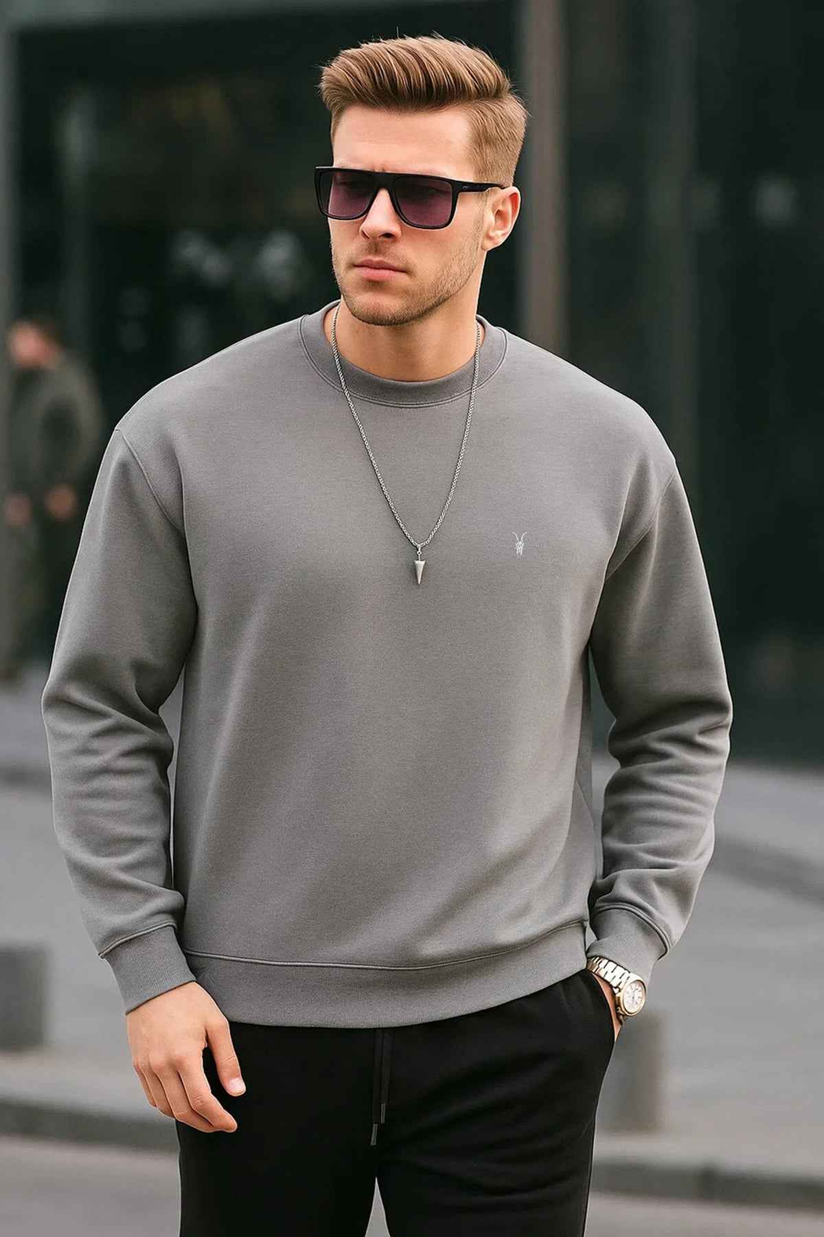 Men's gray crewneck sweatshirt with long sleeves and small chest logo