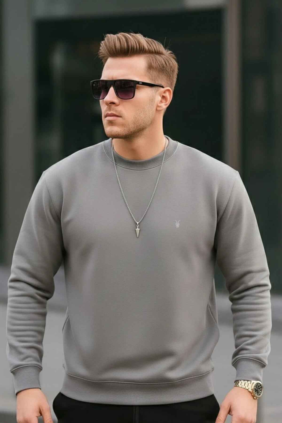Men's gray crewneck sweatshirt, relaxed fit, long sleeves, small chest logo