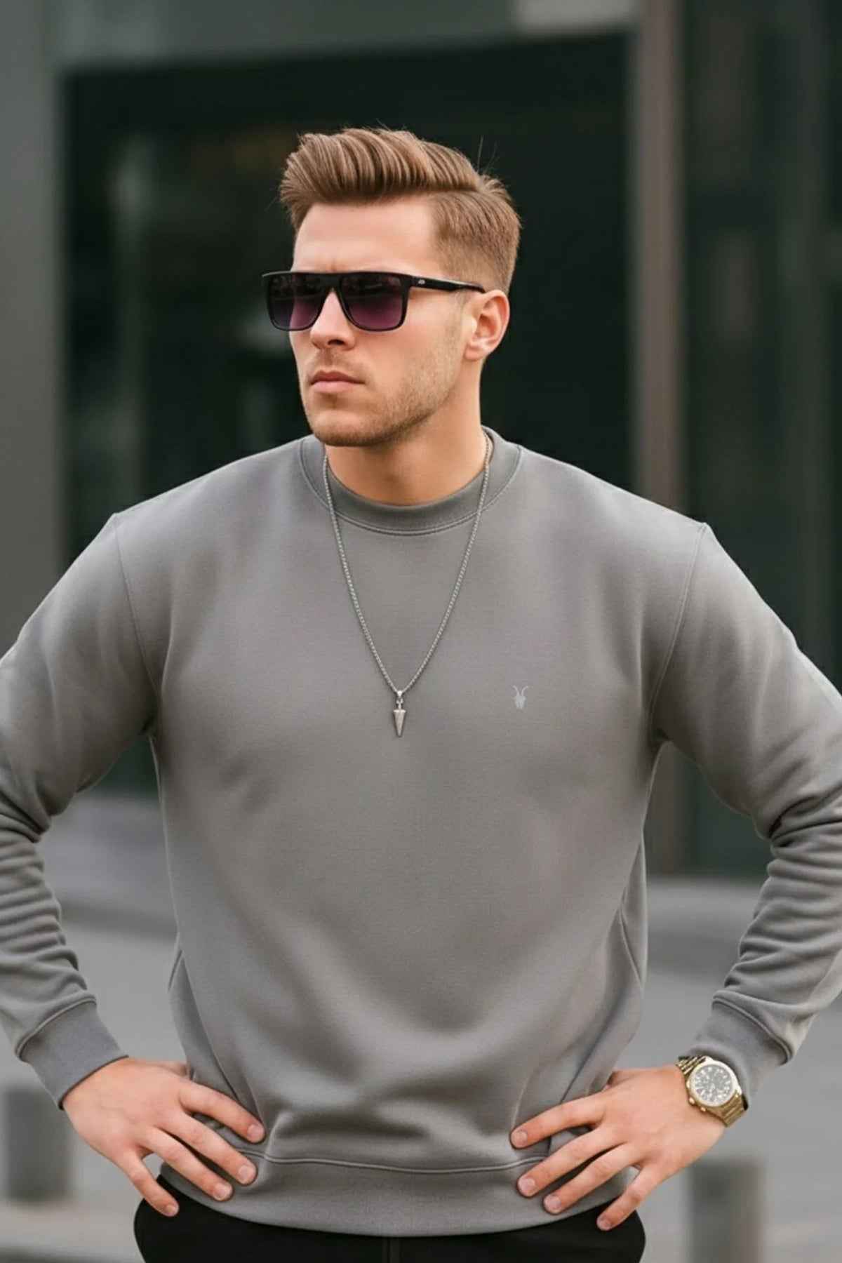 Men's gray crewneck sweatshirt with long sleeves and ribbed hem, small chest logo