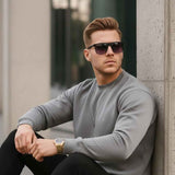 Men's gray crewneck sweatshirt, long sleeves, small chest logo