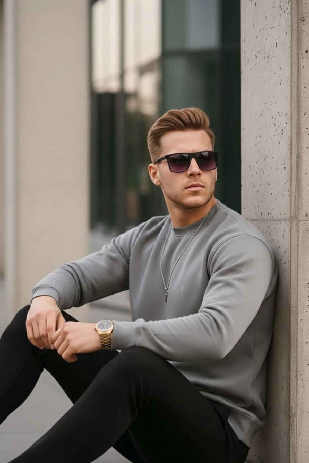 Men's gray crewneck sweatshirt, long sleeves, small chest logo