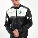 Men's biker leather jacket with zip front, stand collar, black and white colorblock