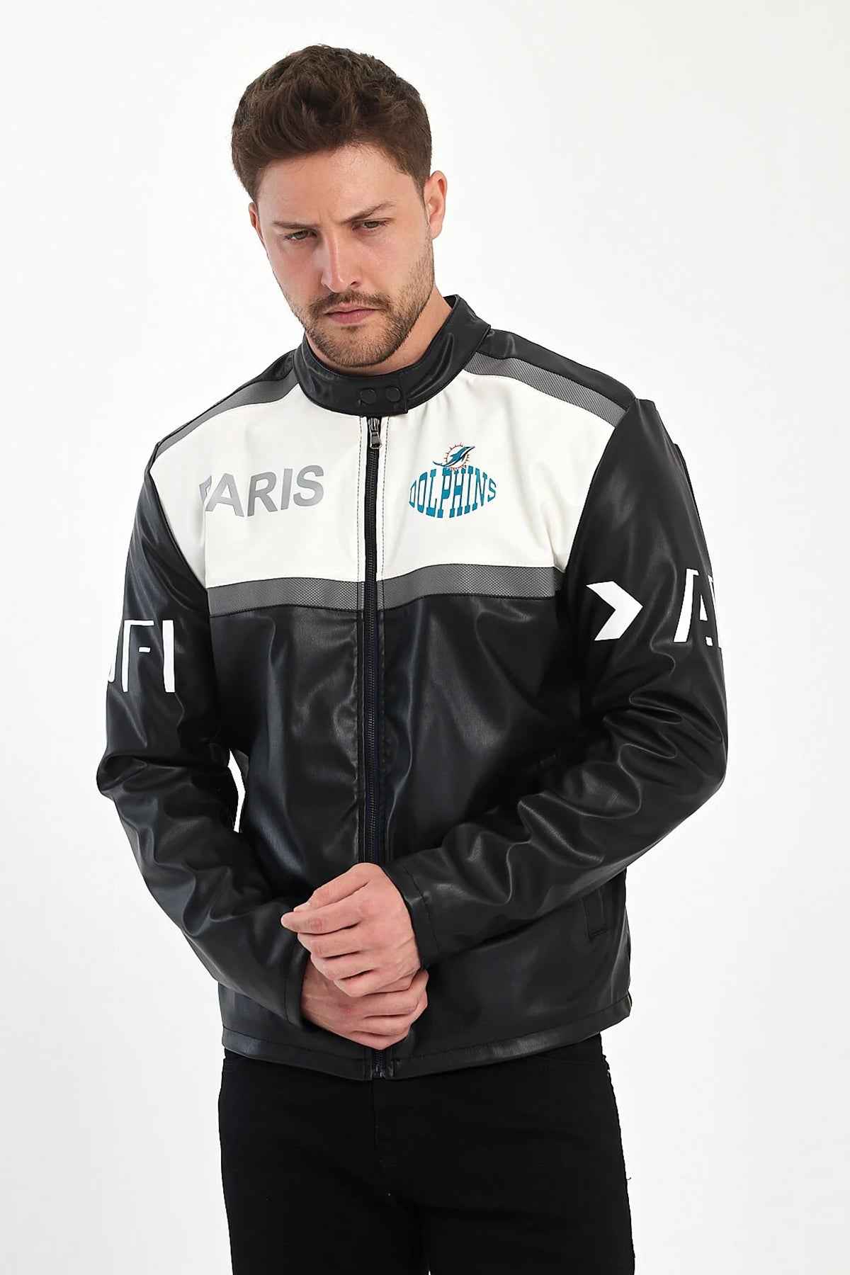 Men's biker leather jacket with zip front, stand collar, black and white colorblock