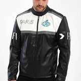 Men's biker leather jacket, black and white colorblock, zip front, long sleeves