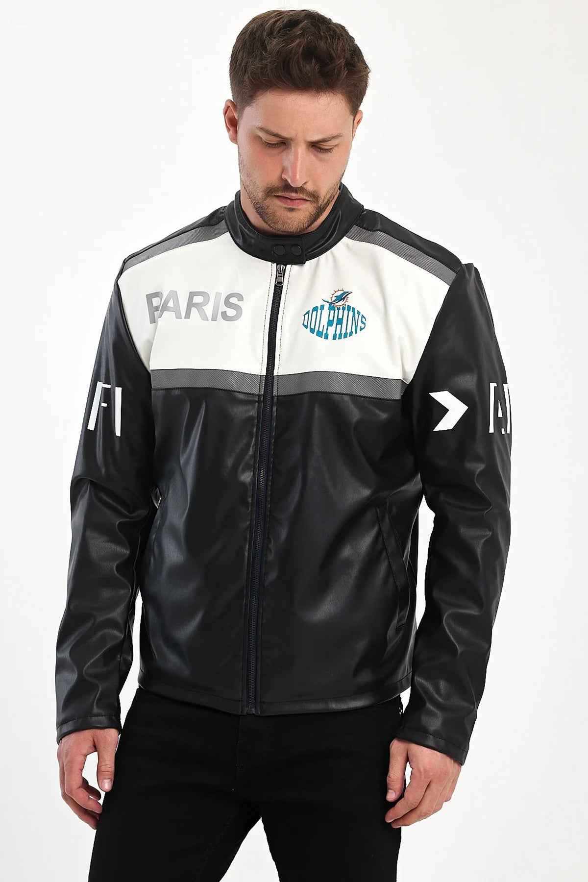 Men's biker leather jacket, black and white colorblock, zip front, long sleeves