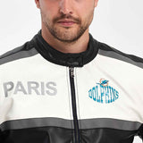 Men's biker leather jacket close-up: zip front, stand collar, PARIS and logo patches