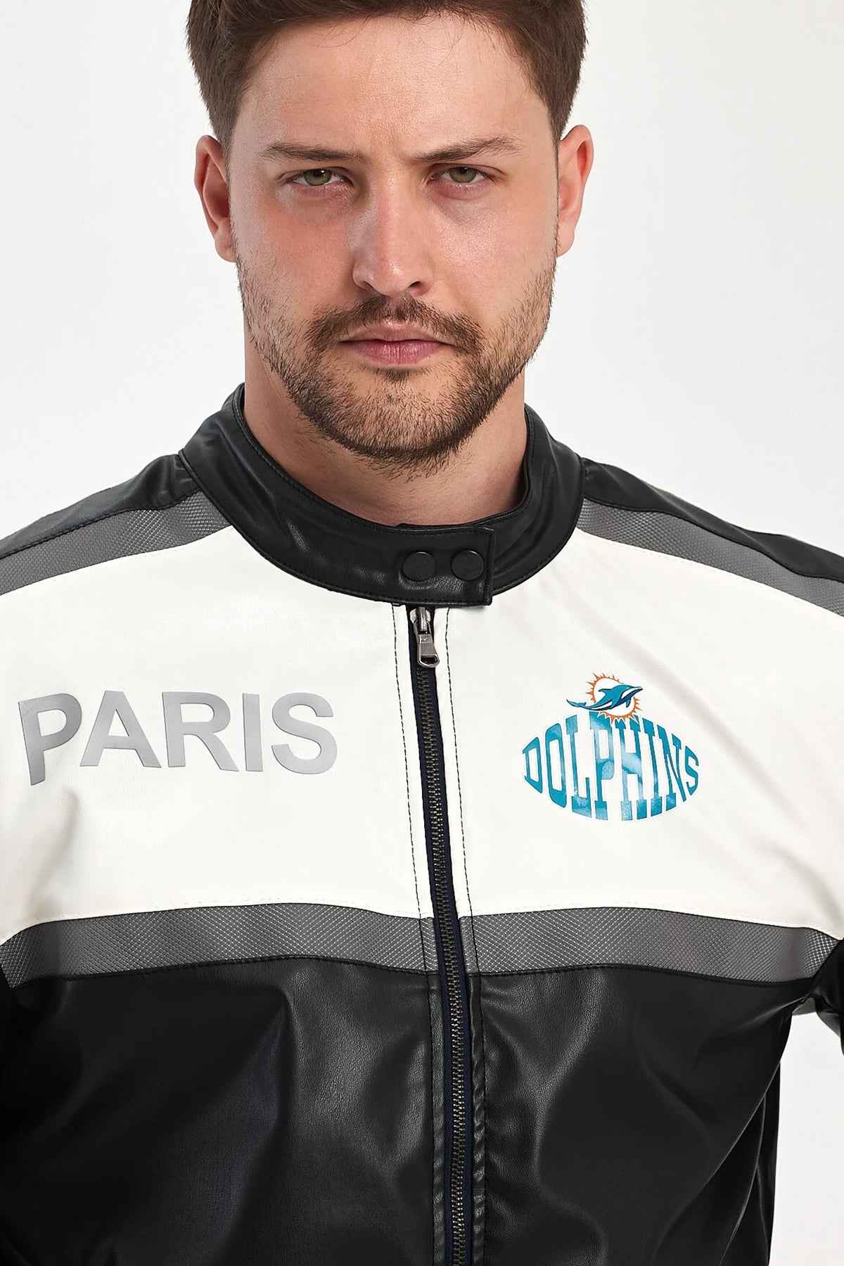 Men's biker leather jacket close-up: zip front, stand collar, PARIS and logo patches