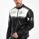 Men's biker leather jacket front view, black and white panels, zip front, logo detail
