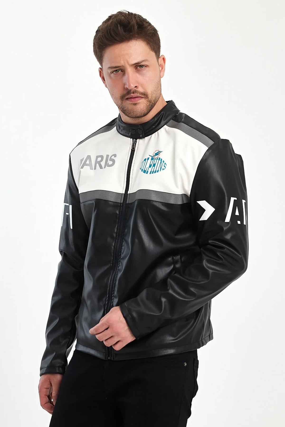Men's biker leather jacket front view, black and white panels, zip front, logo detail