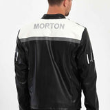 Men's biker leather jacket back view, black and white panels with MORTON text