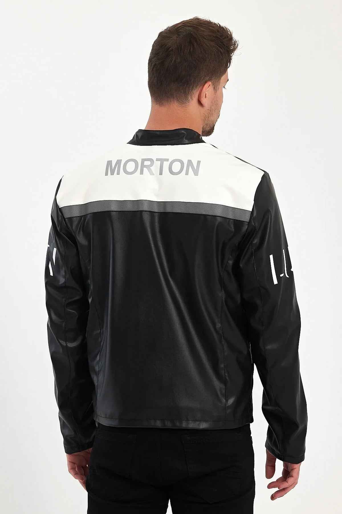 Men's biker leather jacket back view, black and white panels with MORTON text
