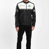Men's biker leather jacket full body, black and white colorblock, zip front, stand collar
