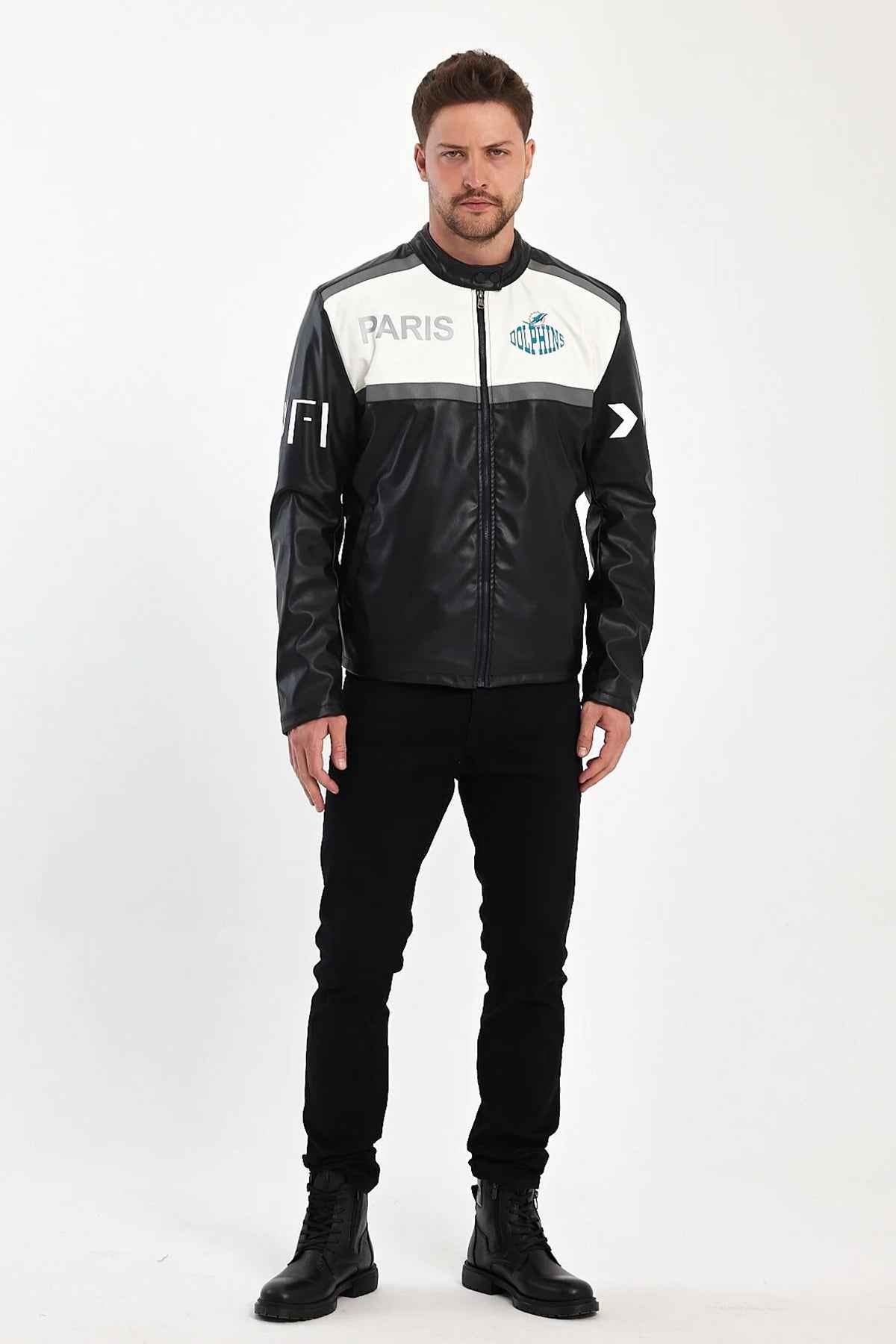 Men's biker leather jacket full body, black and white colorblock, zip front, stand collar