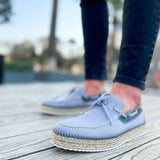 Men's gray espadrille shoes with lace-up front and jute-textured sole
