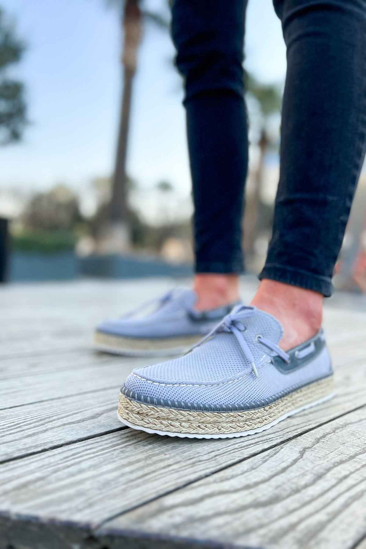 Men's gray espadrille shoes with lace-up front and jute-textured sole
