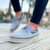 Men's gray espadrille shoes, side view with lace-up top and jute sole