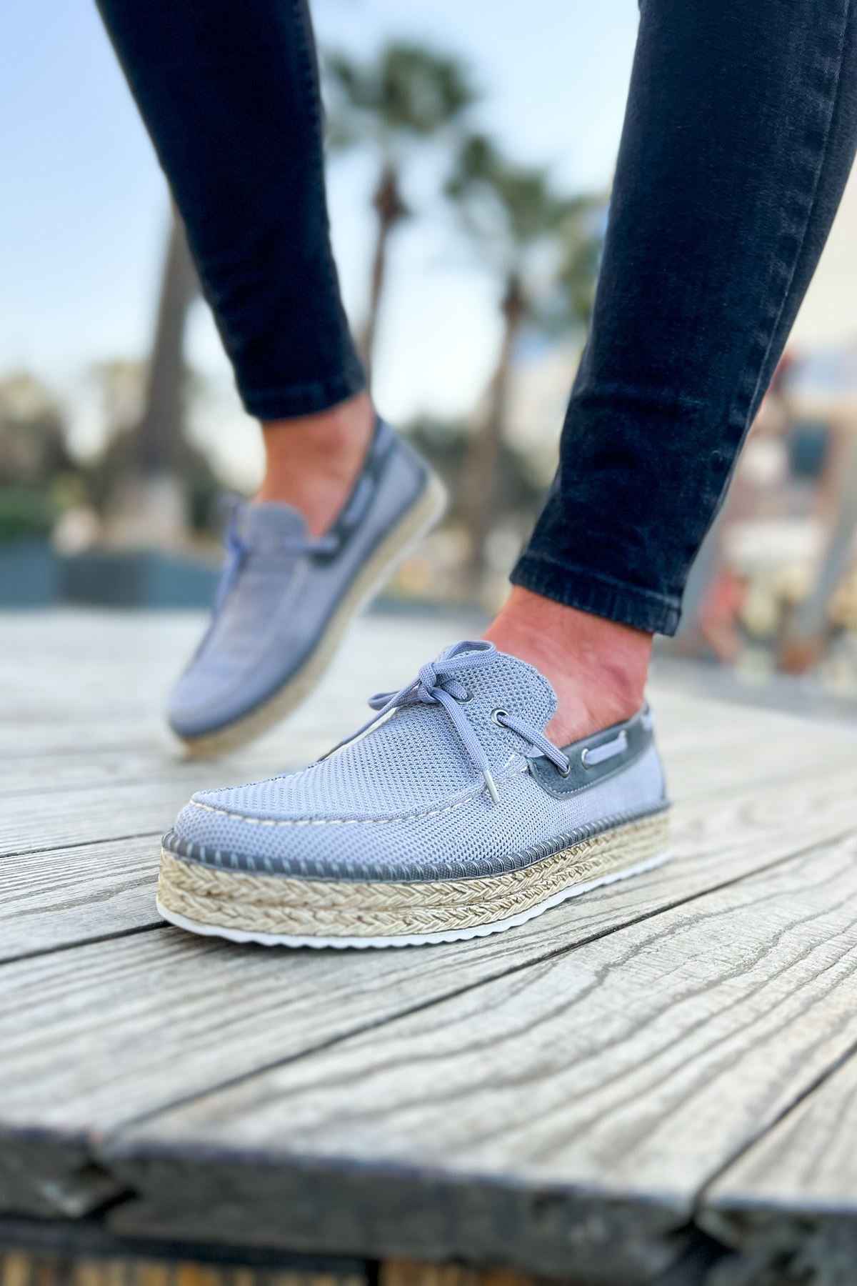 Men's gray espadrille shoes, side view with lace-up top and jute sole