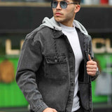 Men's oversized denim jacket, dark gray, button front, flap chest pockets, hooded, LTC