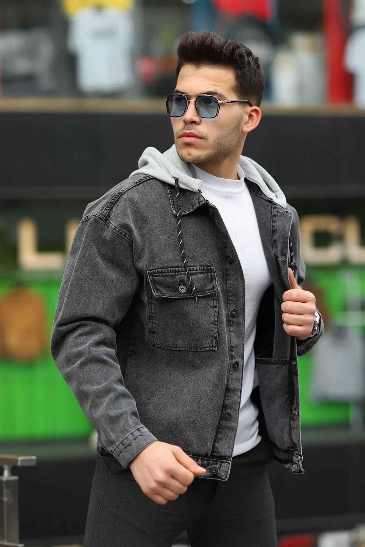Men's oversized denim jacket, dark gray, button front, flap chest pockets, hooded, LTC