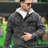 Men's oversized denim jacket, dark gray, flap chest pockets, button front, cuffed sleeves