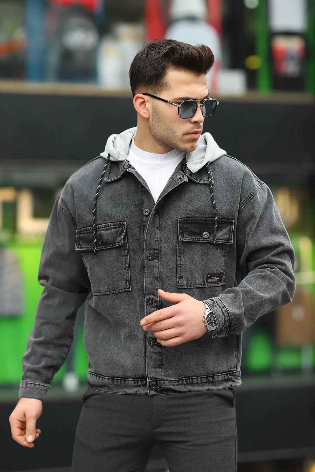 Men's oversized denim jacket, dark gray, flap chest pockets, button front, cuffed sleeves