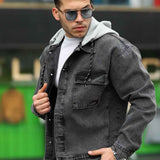 Men's oversized denim jacket, dark gray, hooded, flap chest pocket, button front