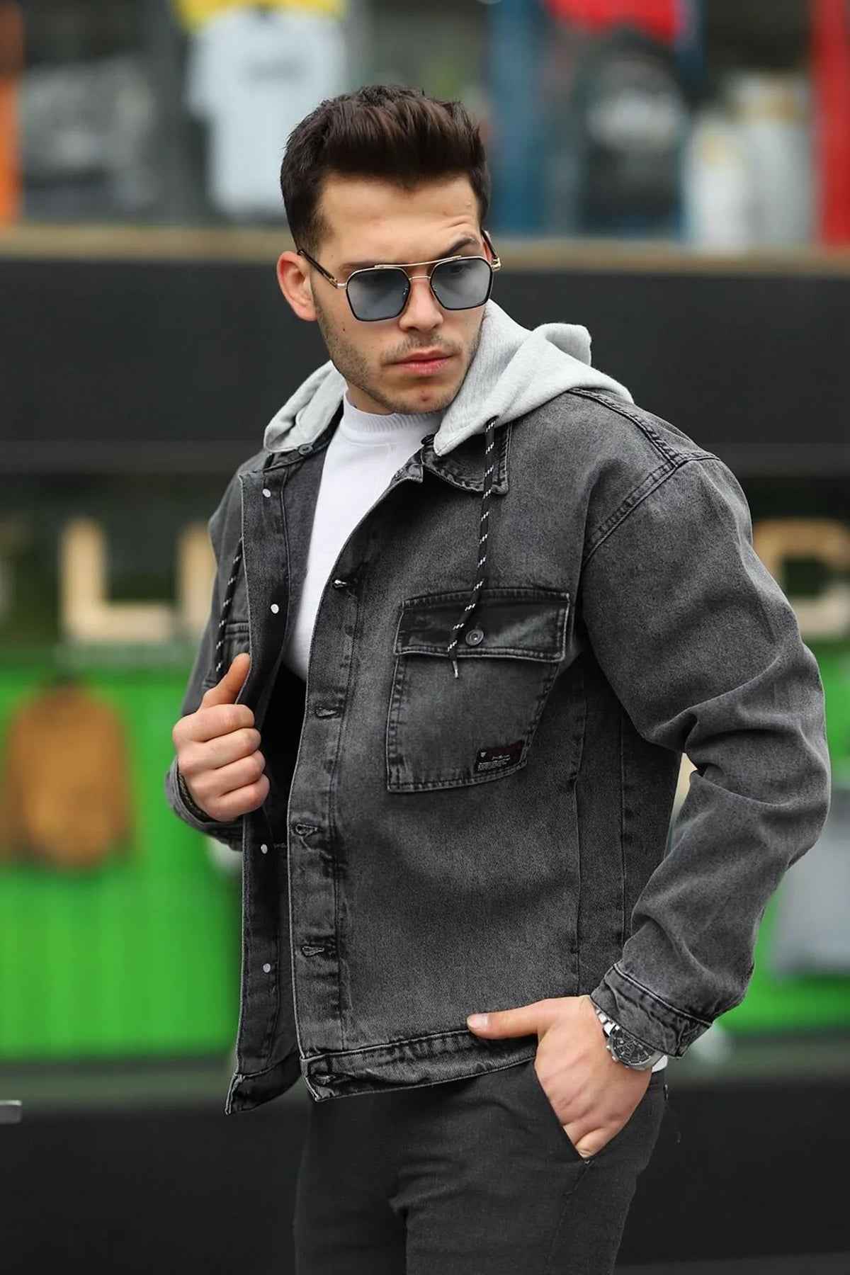 Men's oversized denim jacket, dark gray, hooded, flap chest pocket, button front