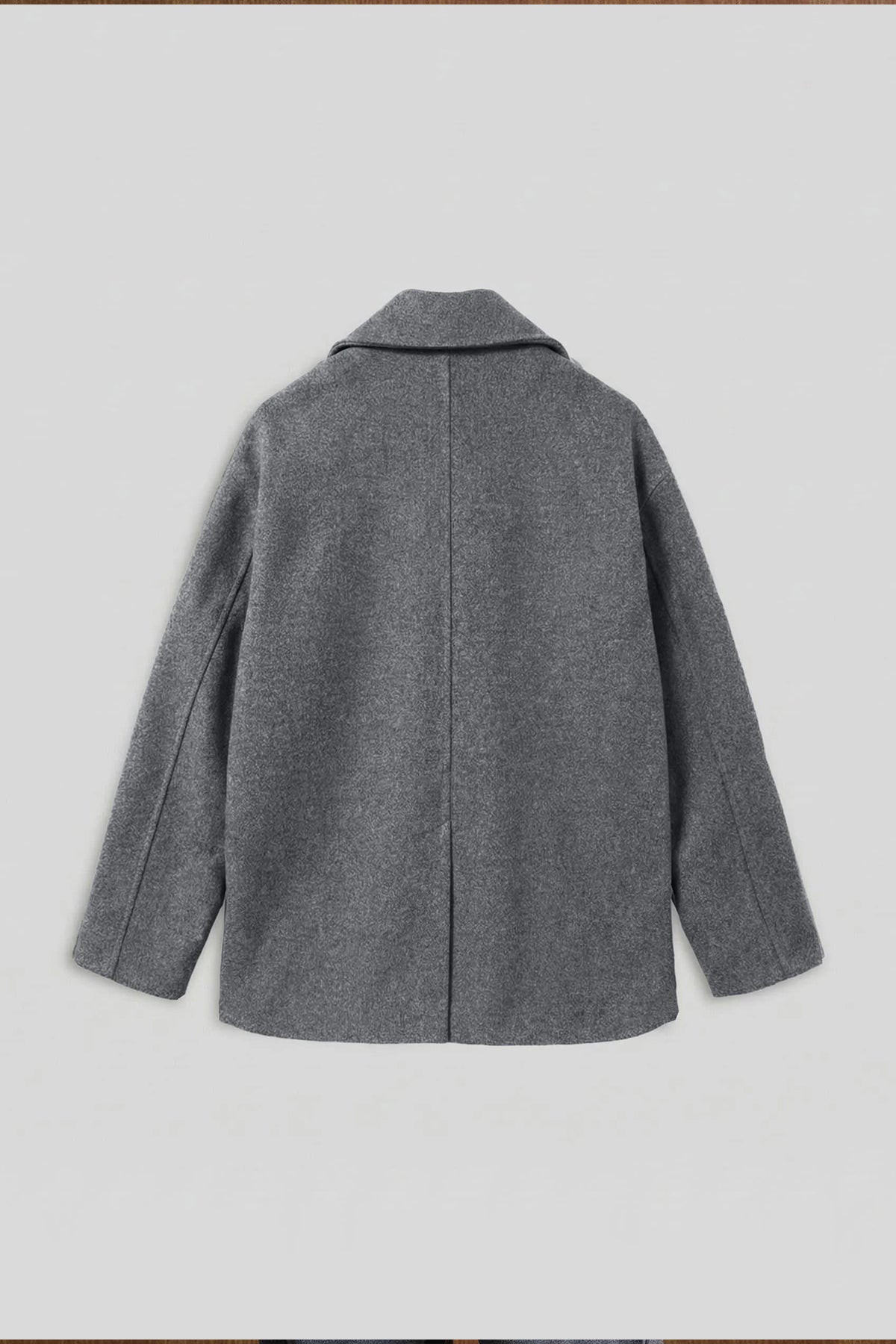 Gray double-breasted coat back view with center seam and full-length sleeves