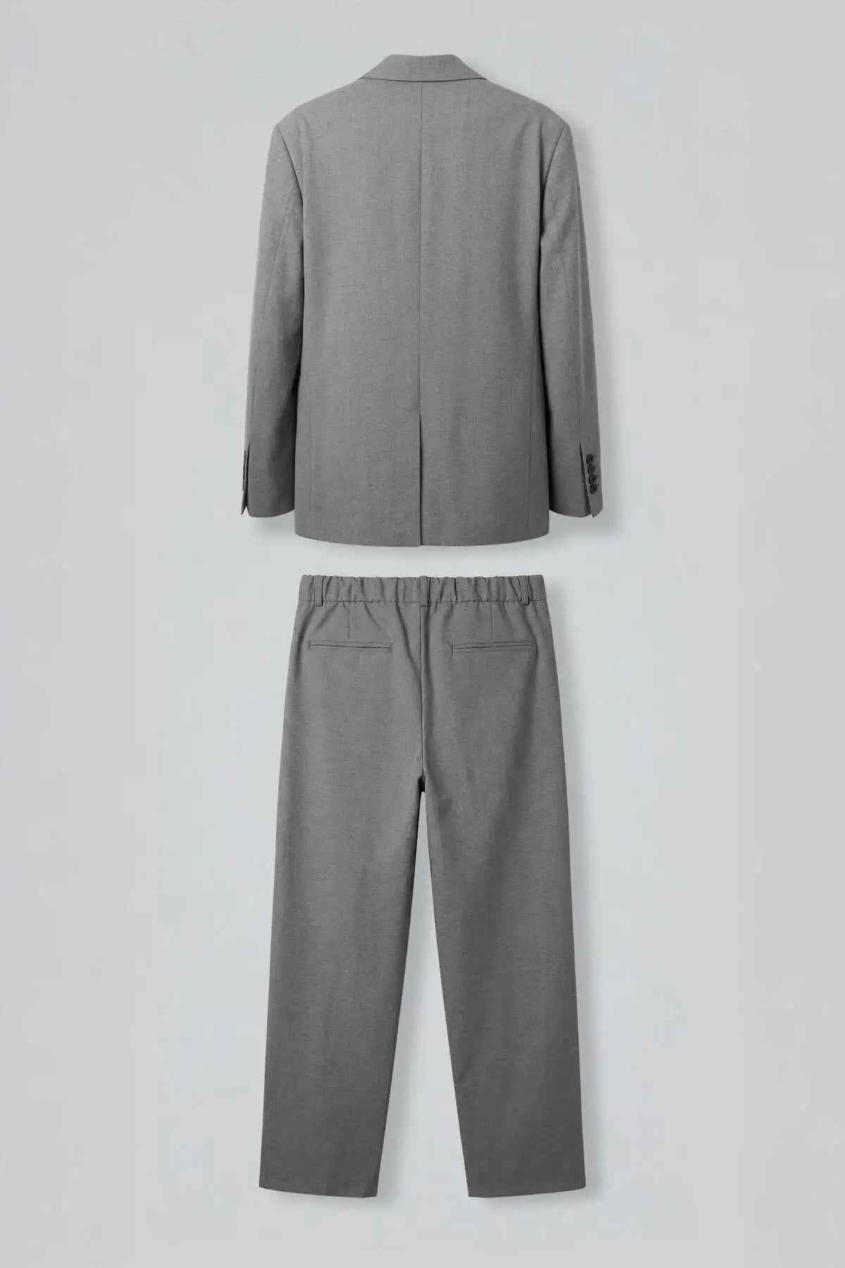Gray oversized suit jacket and wide-leg trousers set, rear view