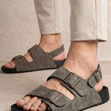 Men's gray open-toe sandals with two adjustable straps and metal buckles