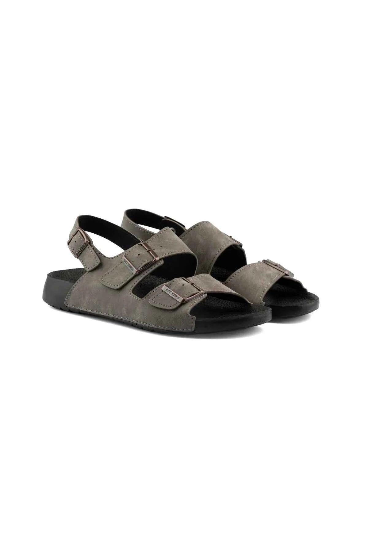 Men's gray open-toe sandals with two adjustable straps and textured outsole