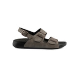 Men's gray sandals with front strap and two side buckles, rubber sole