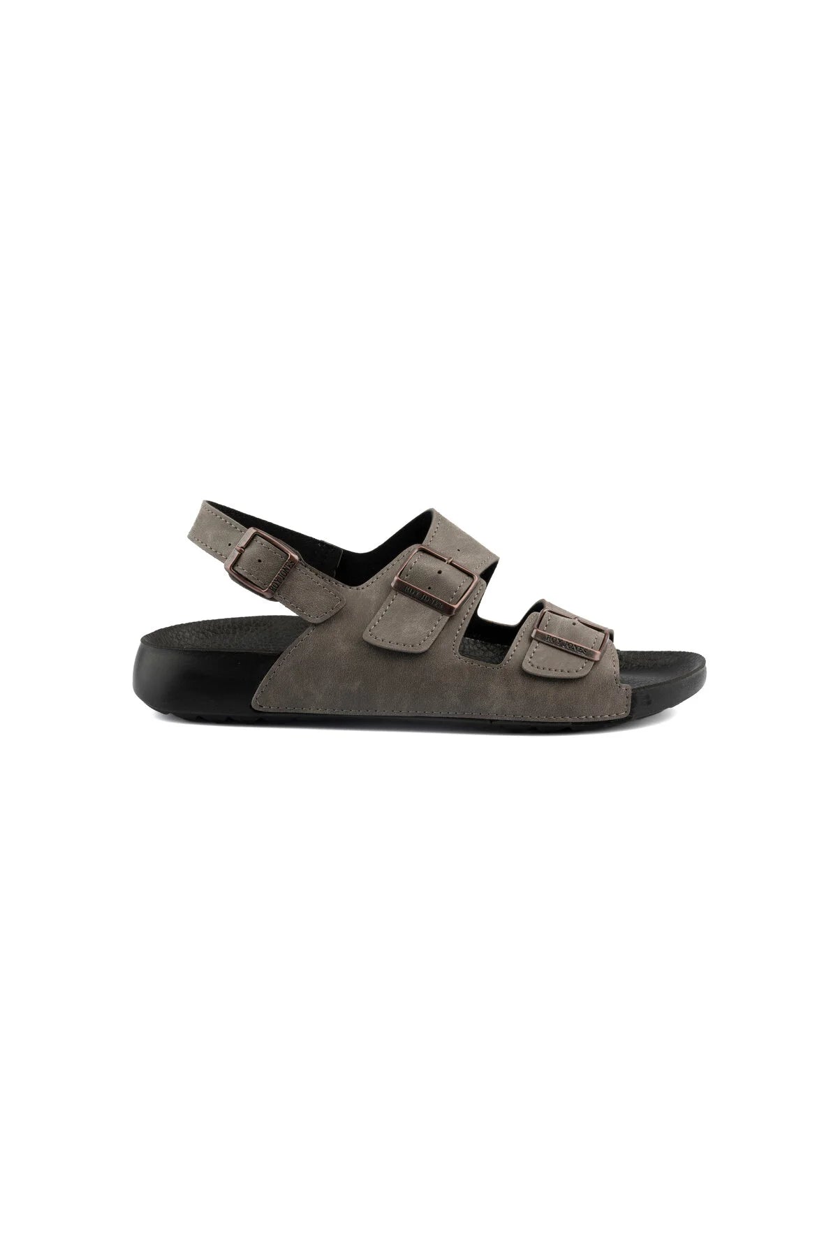 Men's gray sandals with front strap and two side buckles, rubber sole