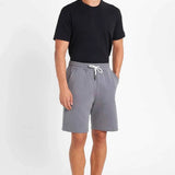Men's gray drawstring shorts with elastic waistband, knee-length