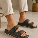 Men's dark gray slide slippers with two hook-and-loop straps and open toe