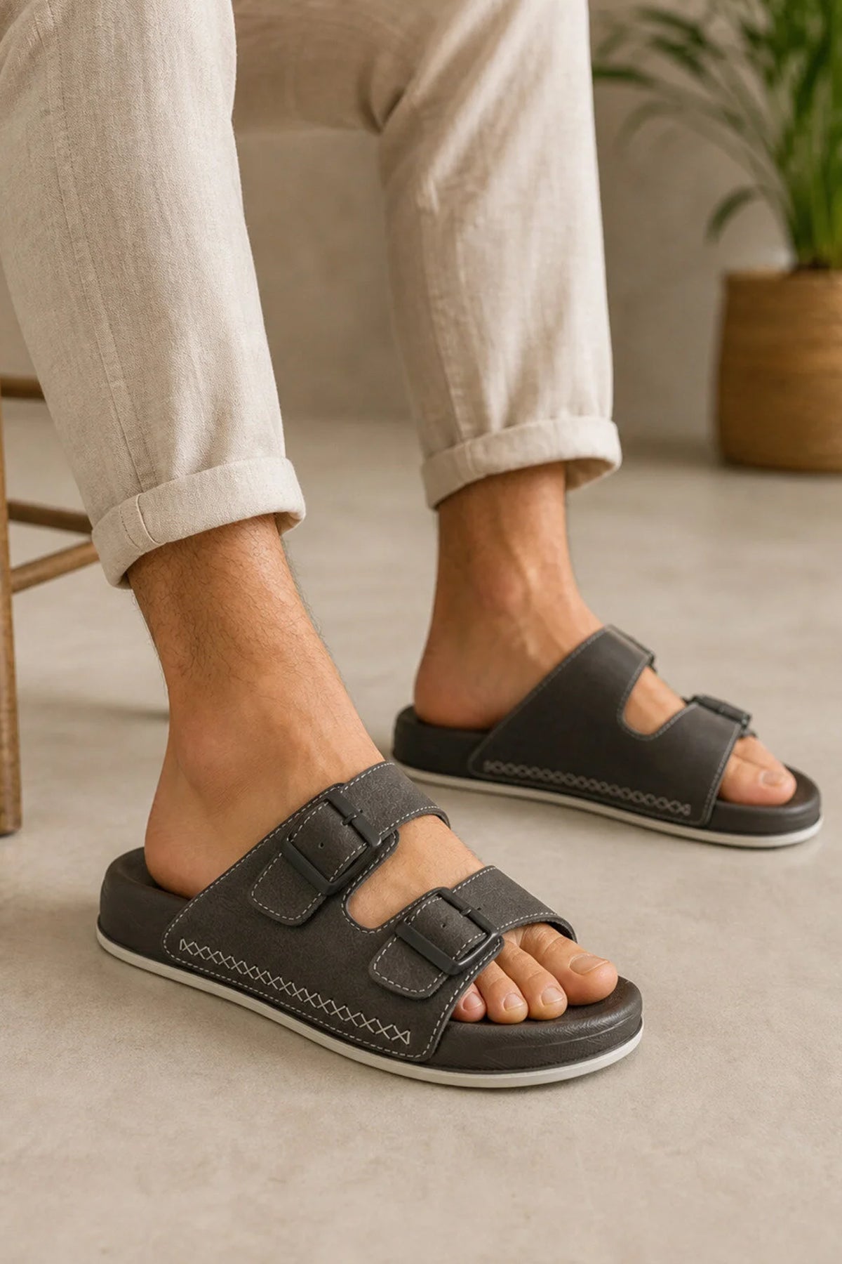 Men's dark gray slide slippers with two hook-and-loop straps and open toe