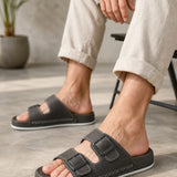 Men's dark gray slide sandals with two adjustable straps and cushioned footbed